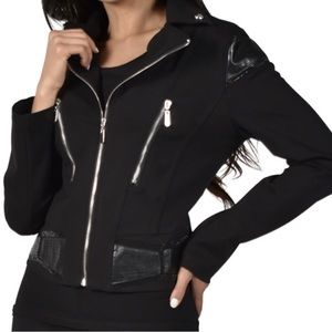 Jacket with its stylish front zips, Knit fabric that contours the body